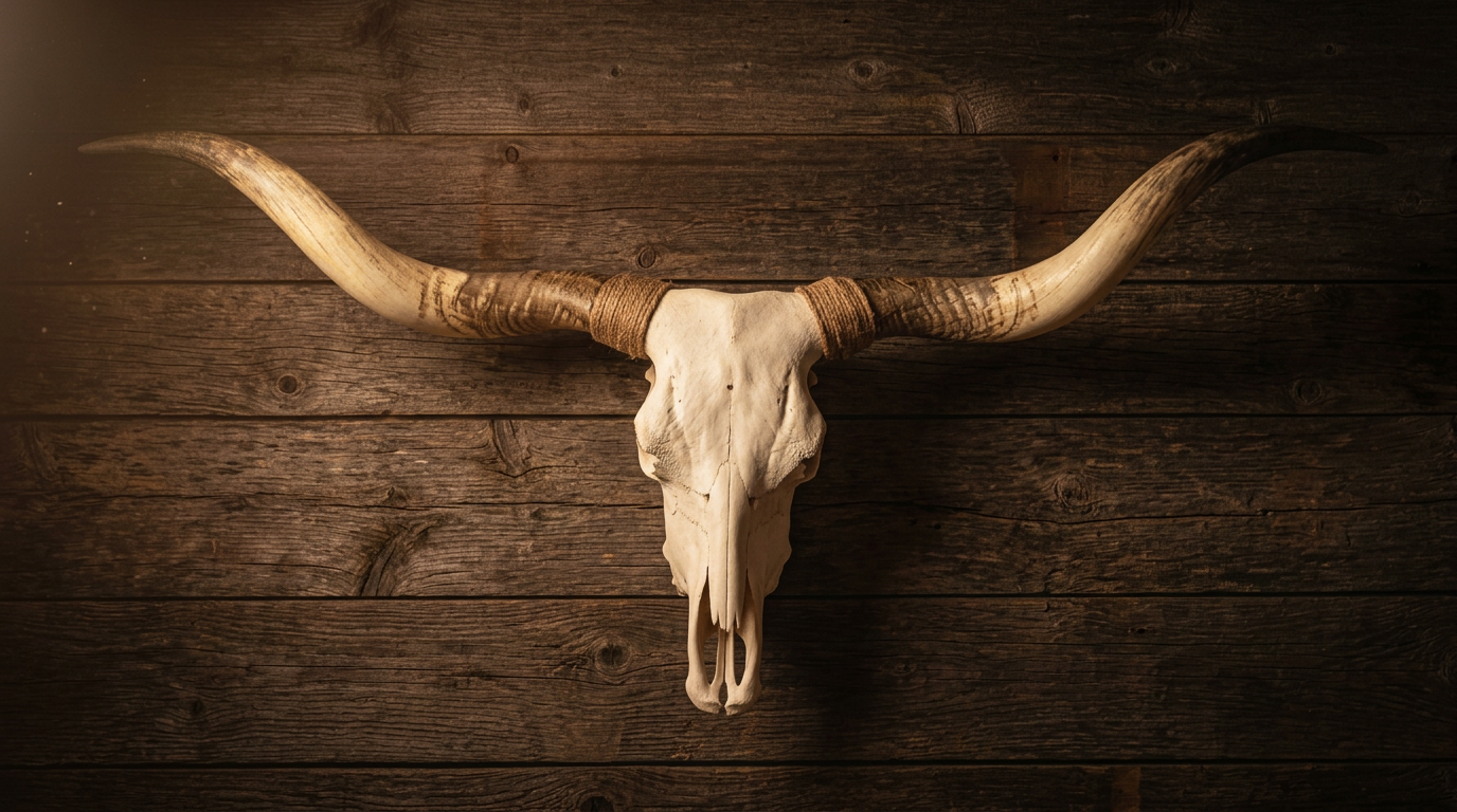 A longhorn skull mounted on a rustic wooden cabin wall