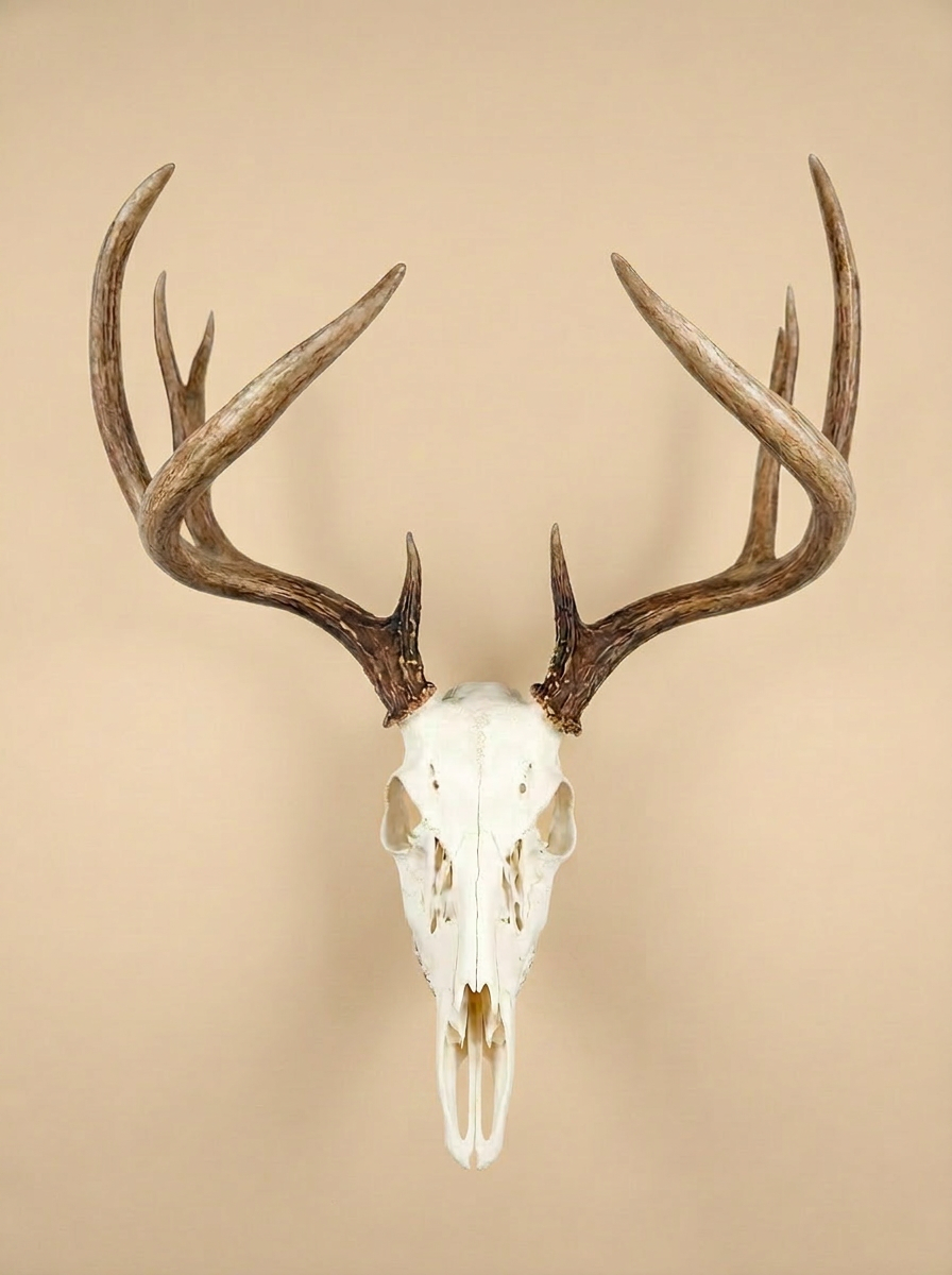 Hunter in camo holding a finished whitetail deer skull with antlers ready for European mount