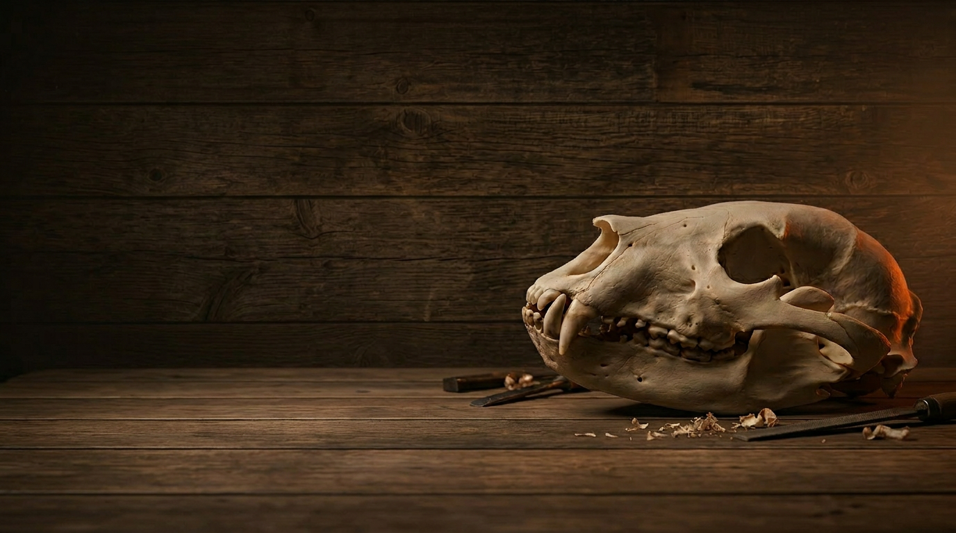 Cleaned bear skull on a rustic wood workbench in a craftsman workshop